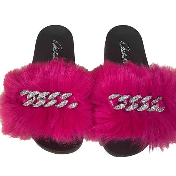 Michaela V Faux Fur Studded Links Slide Sandals Pink EU 38 - Picture 1 of 9